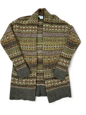 Orvis 100% Wool Green Brown Fair Isle Patterned Cardigan Size XS